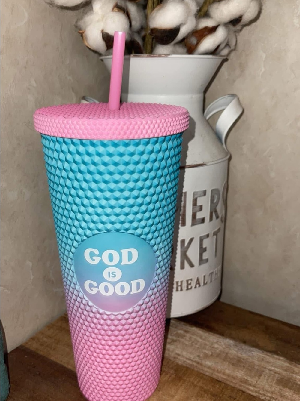 Pink and Blue 'God Is Good' Textured Tumbler with Straw